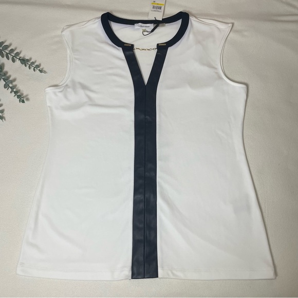 Calvin Klein Women Sleeveless White Blouse Faux Leather Trim NWT Size M - Picture 6 of 10